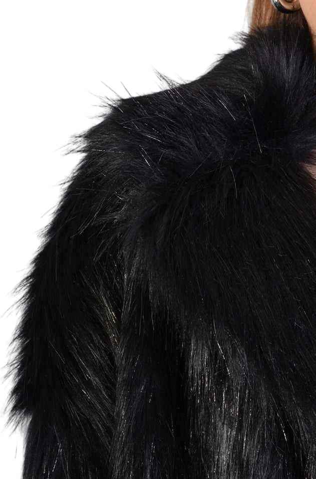 A34Q LW526 Lined Faux Fur Lurex Coat – Black