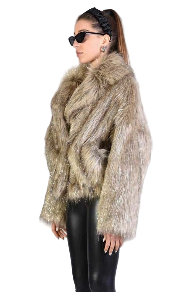 A34Q LW526 SAND Lined Faux Fur Lurex Coat Woman