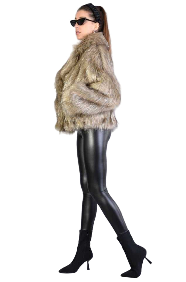 A34Q LW526 SAND Lined Faux Fur Lurex Coat Woman