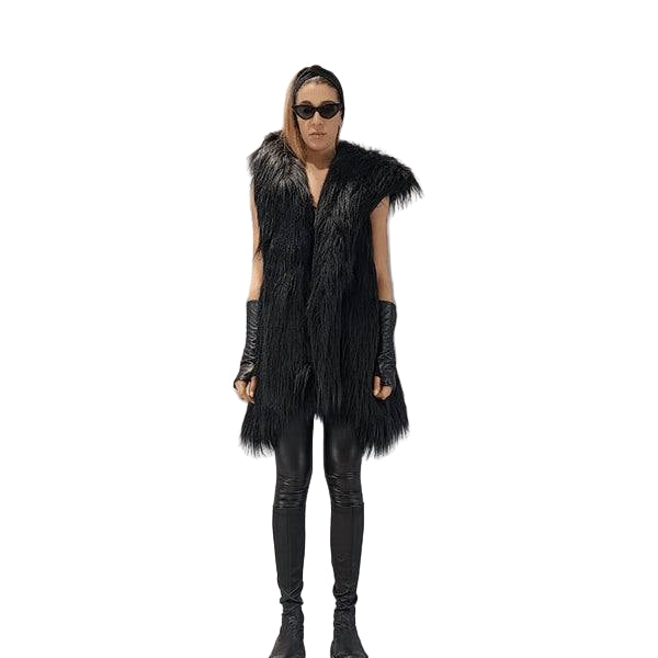 A34Q LW527 BLACK Lined Faux Fur Sleeveless Coat