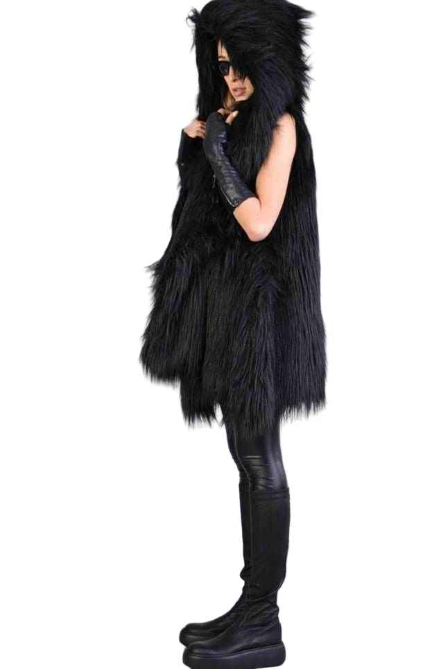 A34Q LW527 Lined Faux Fur Sleeveless Coat – Black