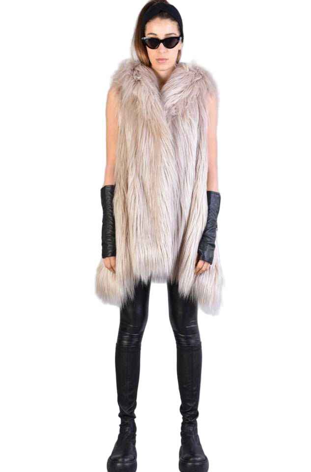 A34Q LW527 Lined Faux Fur Sleeveless Coat – Sand
