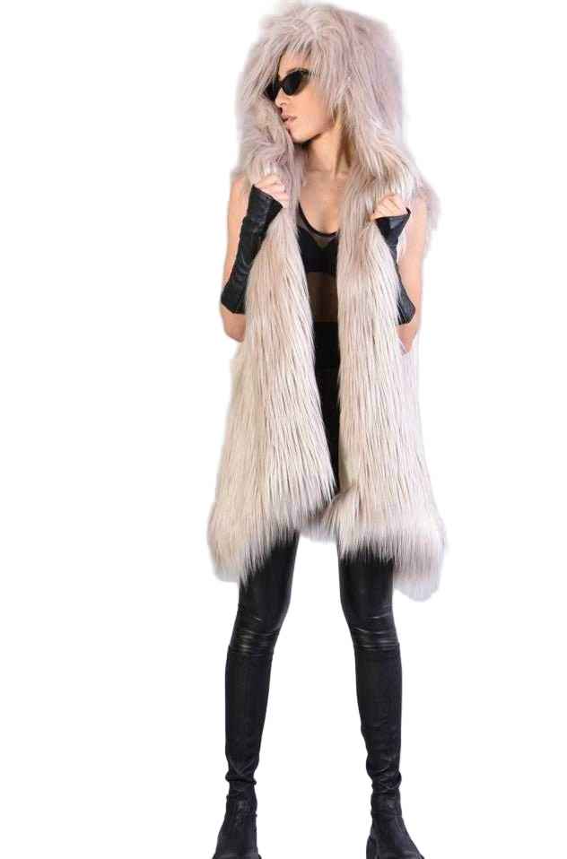A34Q LW527 Lined Faux Fur Sleeveless Coat – Sand