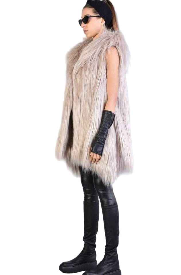 A34Q LW527 Lined Faux Fur Sleeveless Coat – Sand