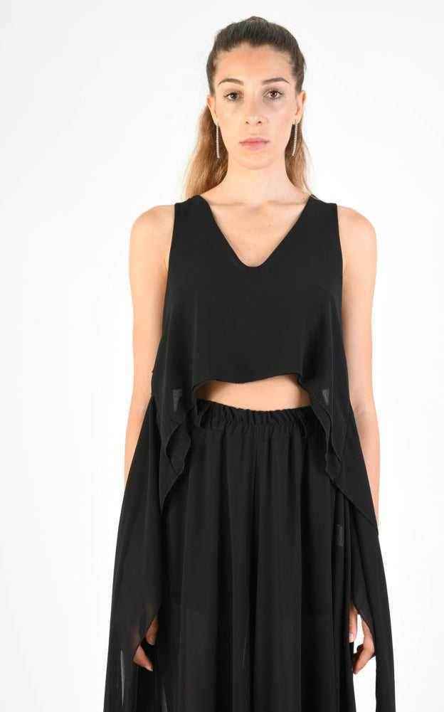 A34V LW73824 TOP Crop Asymmetric Georgette Doubled Black
