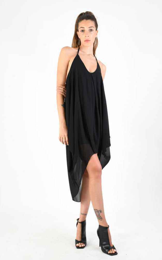 A34V LW74124 Dress Asymmetric Doubled Georgette Black