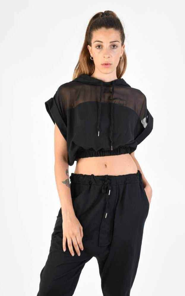 A34V LW74324 Tunic Crop Sleeveless Fleece Stretch Dyed Black