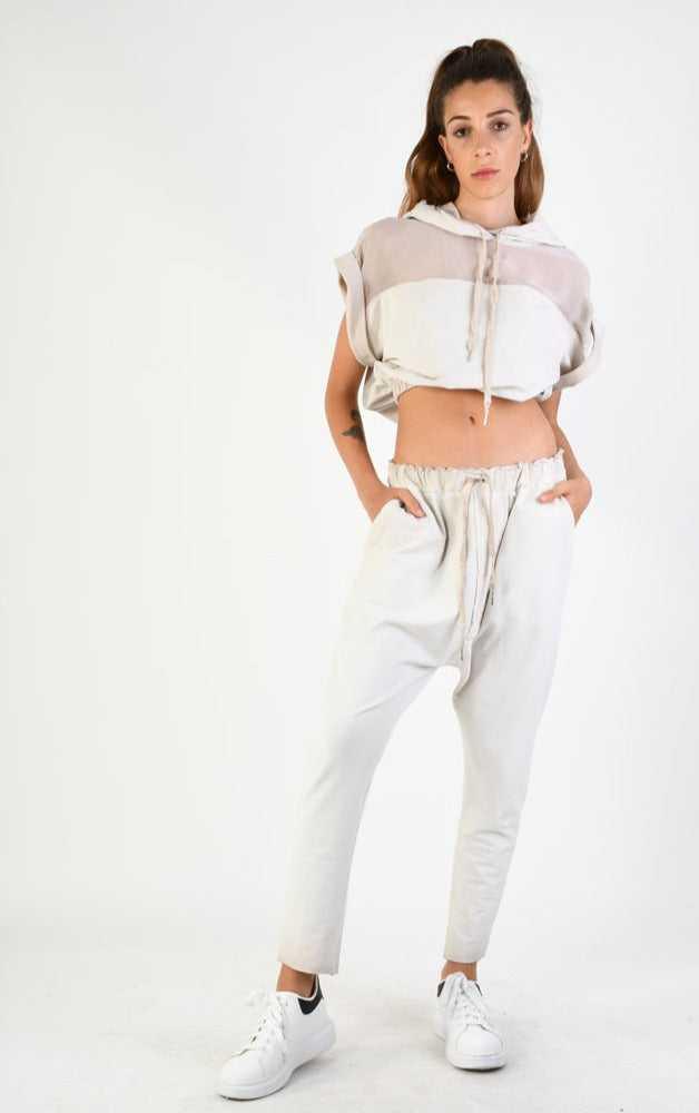 A34V LW74324 Tunic Crop Sleeveless Fleece Stretch Dyed Sand