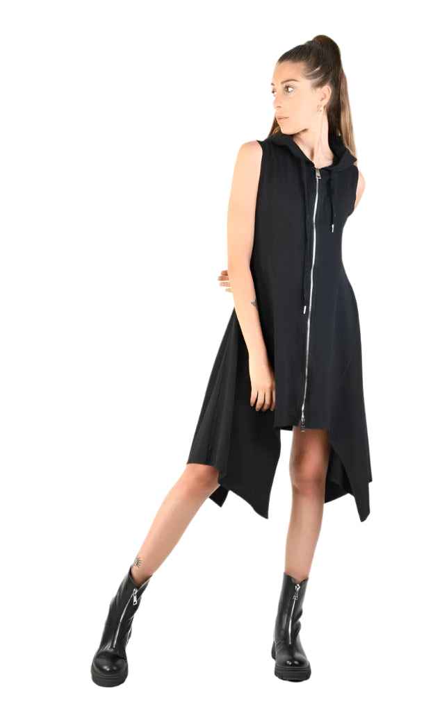 A34V LW74724 Dress - Black Sleeveless Asymmetric Stretch Fleece Dyed Statement Women's