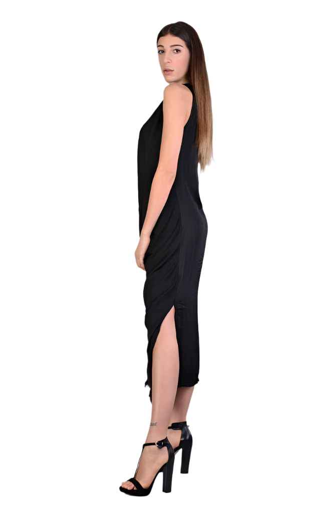 9B SM229 BLACK Sleeveless Satin Dress,
