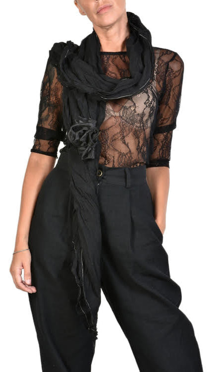 A39B SM14925 SCARF Black Linen Gauze