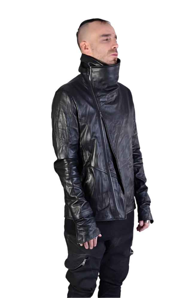 A34B LM00425 Jacket - Black Vegetable Tanned Crumpled Leather Sport Contemporary Italian Men's