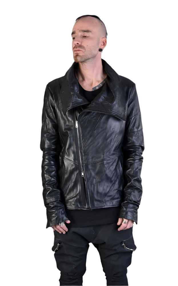 A34B LM00425 Jacket - Black Vegetable Tanned Crumpled Leather Sport Contemporary Italian Men's