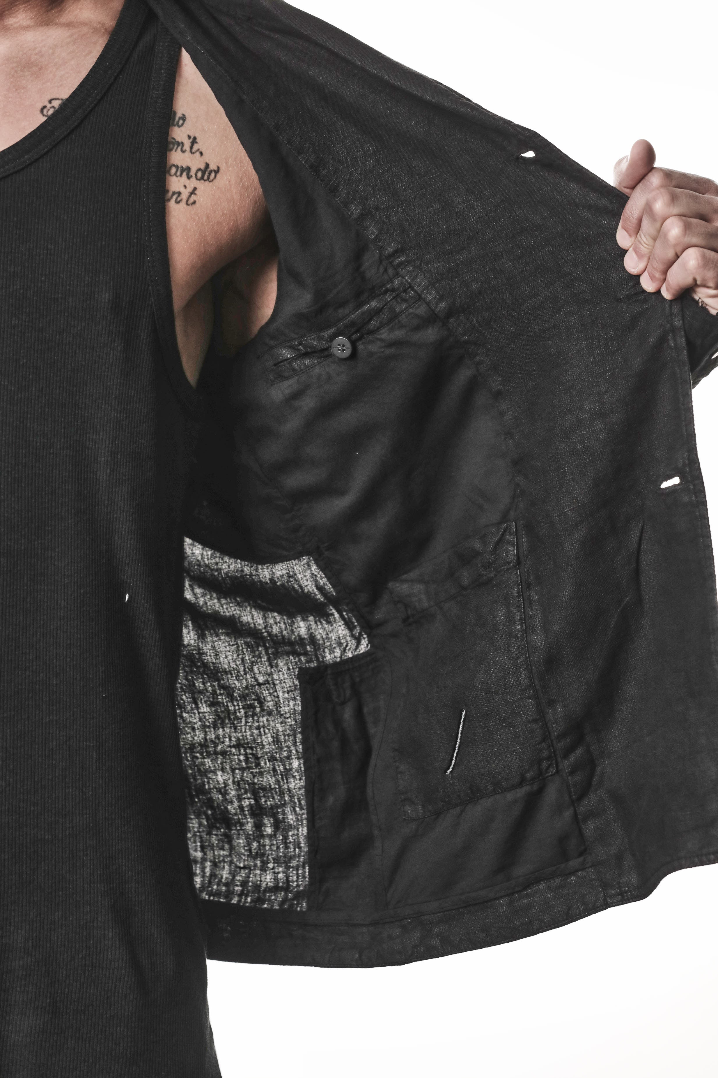 M B 67 Jacket - Black Woven Linen Lined Tailored Contemporary Men's - TEPHRA