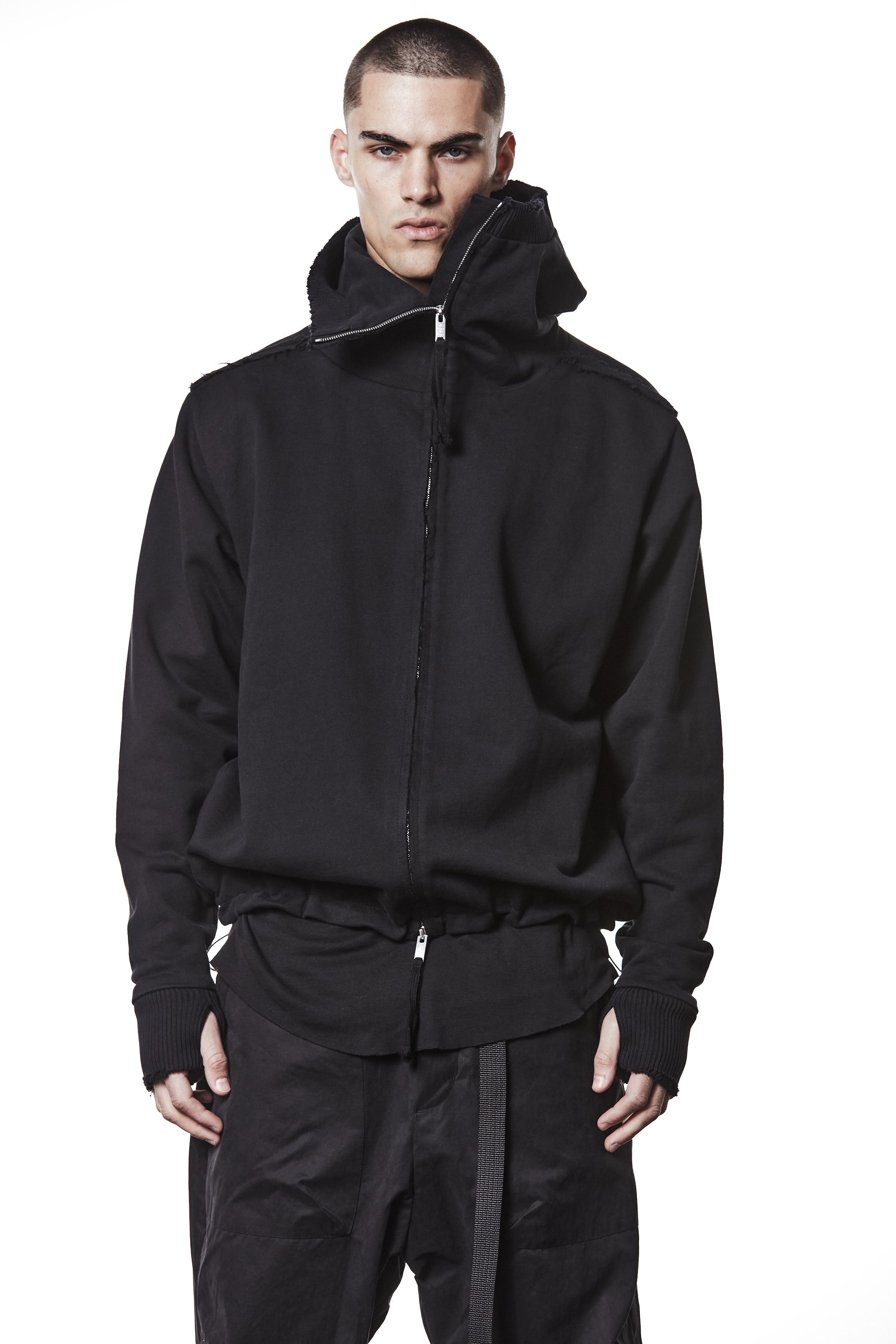 M SJ 690 Black High-Collar Zip Hoodie – Oversized Fit with Distressed Details Black Man THOM KROM