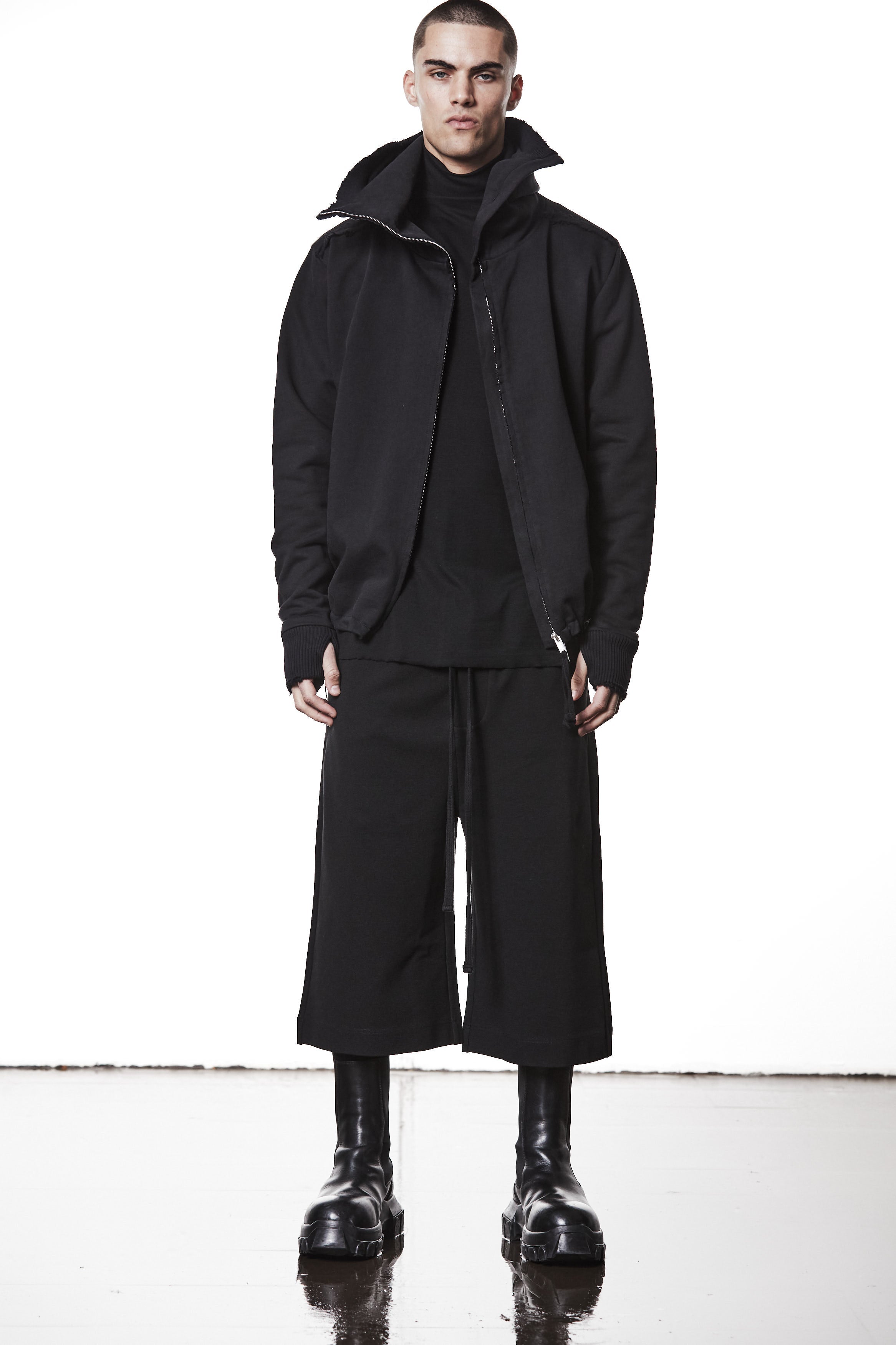 M SJ 690 Black High-Collar Zip Hoodie – Oversized Fit with Distressed Details Black Man THOM KROM