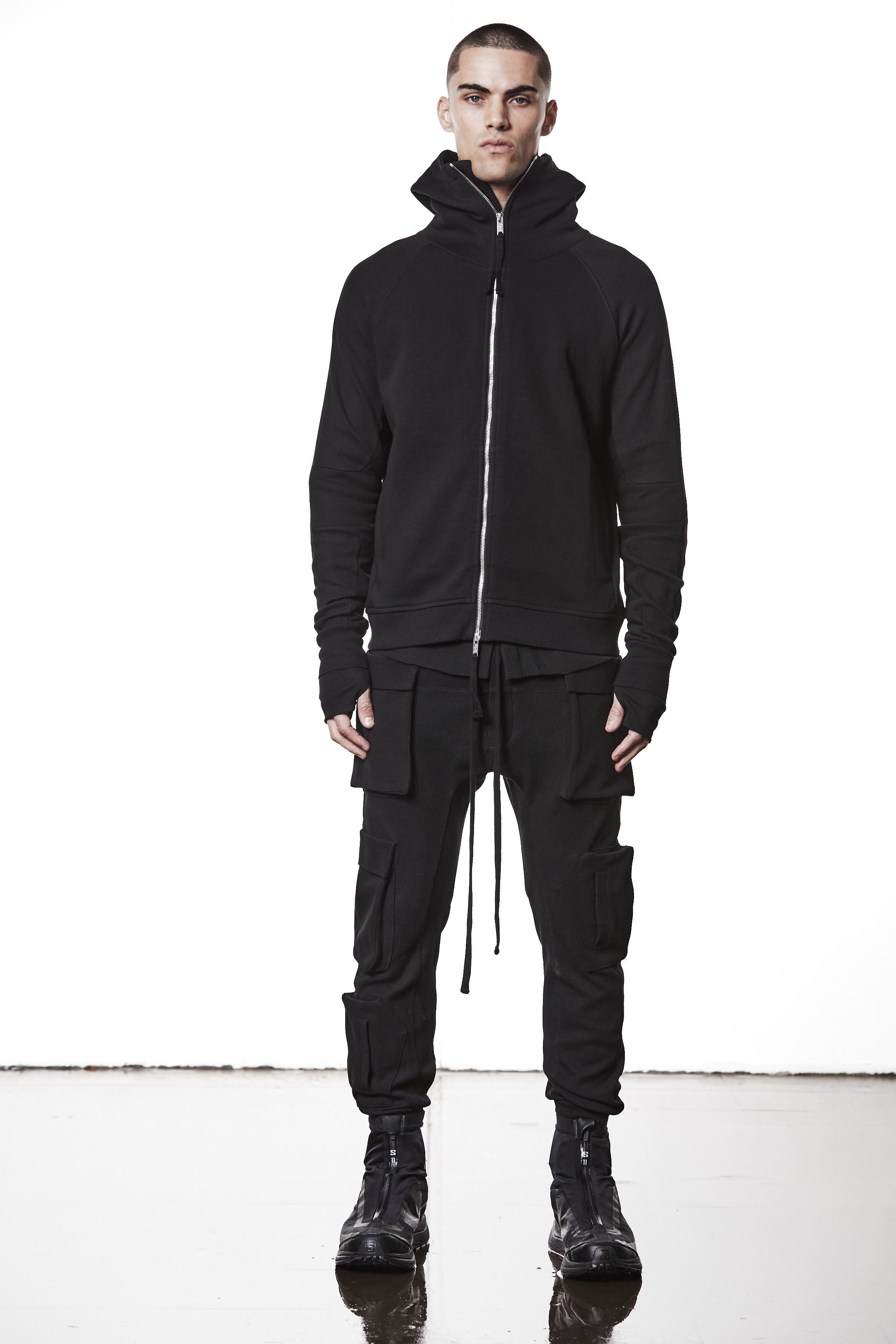 M SJ 691 – Zip Hoodie High Neck Ribbed Panel Sleeves Thumbhole Cuffs Black Man THOM KROM