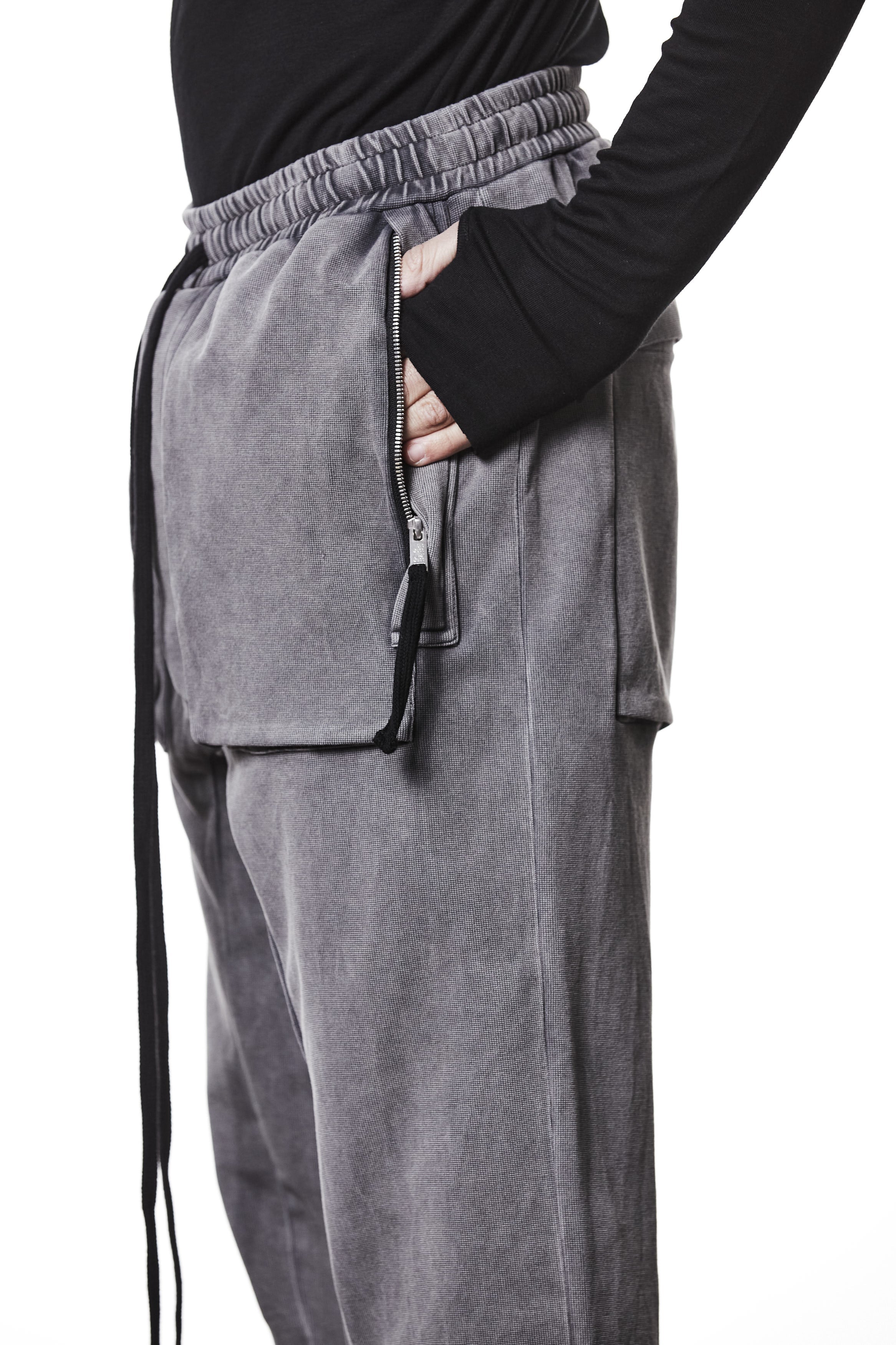 M ST 509 – Cargo Pants Multi-Pocket Long Drawstrings Elastic Waist Tapered Cuffs Used Grey - Man THOM KROM