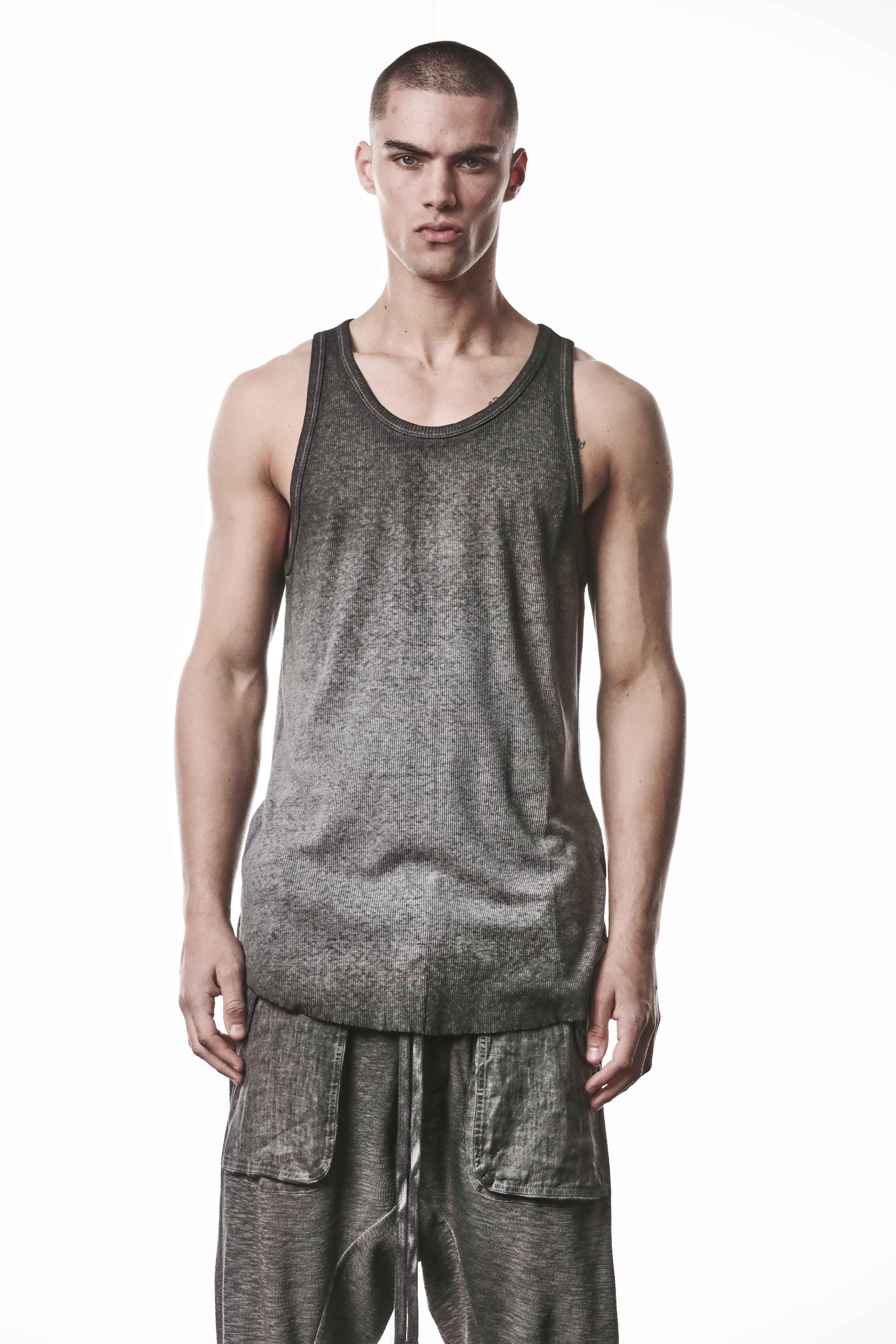 M TS 947 T-Shirt - Gray Cold Dye Mottled Worked Knit Cotton Linen Men's