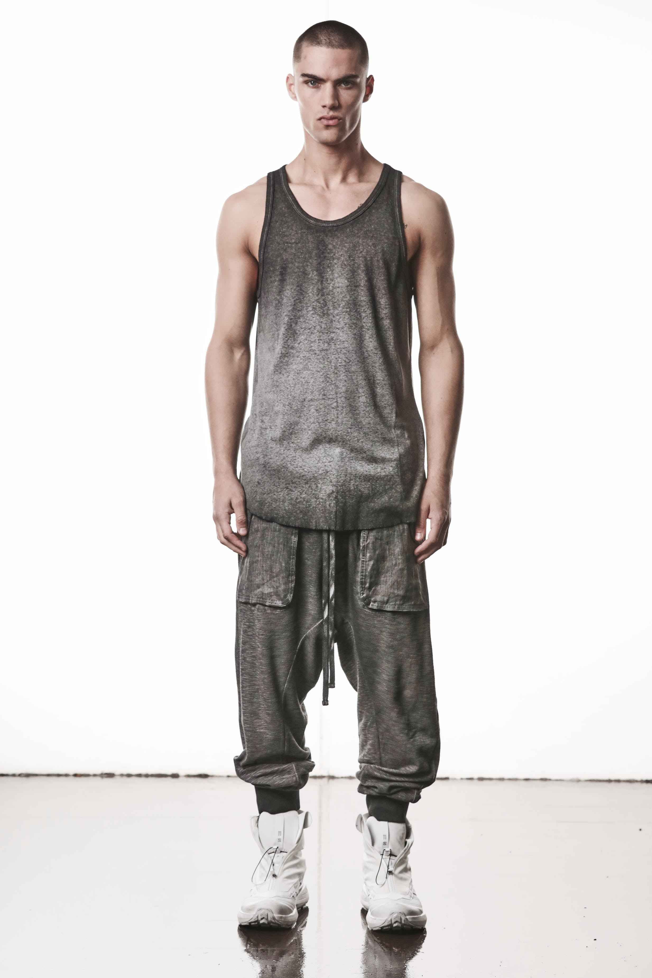 M TS 947 T-Shirt - Gray Cold Dye Mottled Worked Knit Cotton Linen Men's