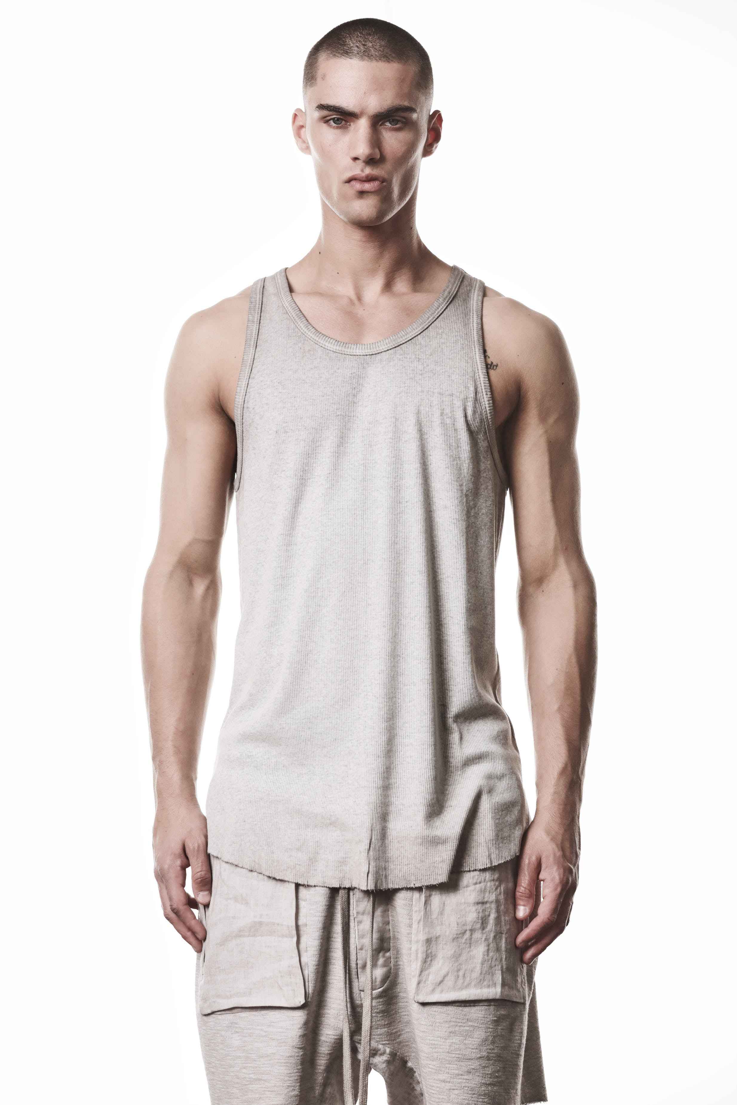 M TS 947 T-Shirt - Beige Cold Dye Stone Worked Knit Cotton Linen Men's