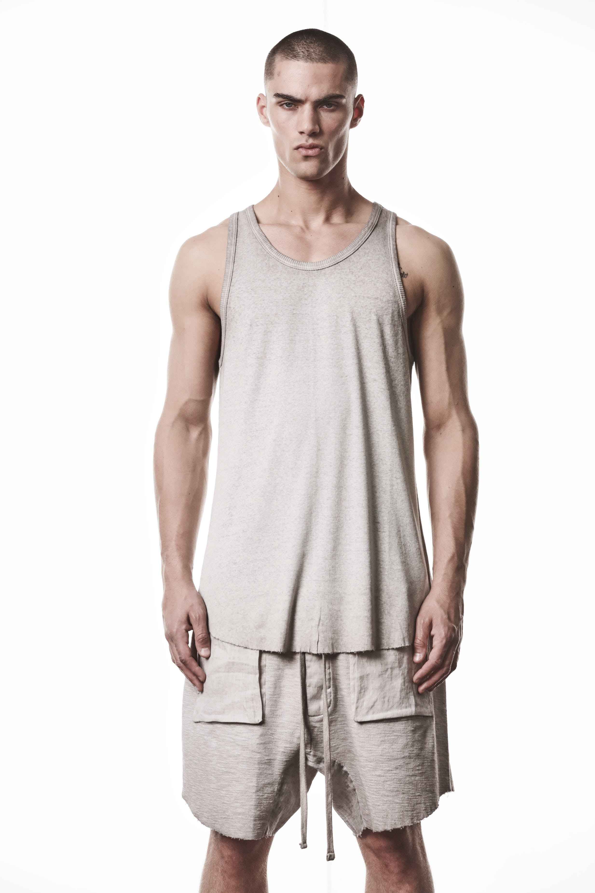 M TS 947 T-Shirt - Beige Cold Dye Stone Worked Knit Cotton Linen Men's