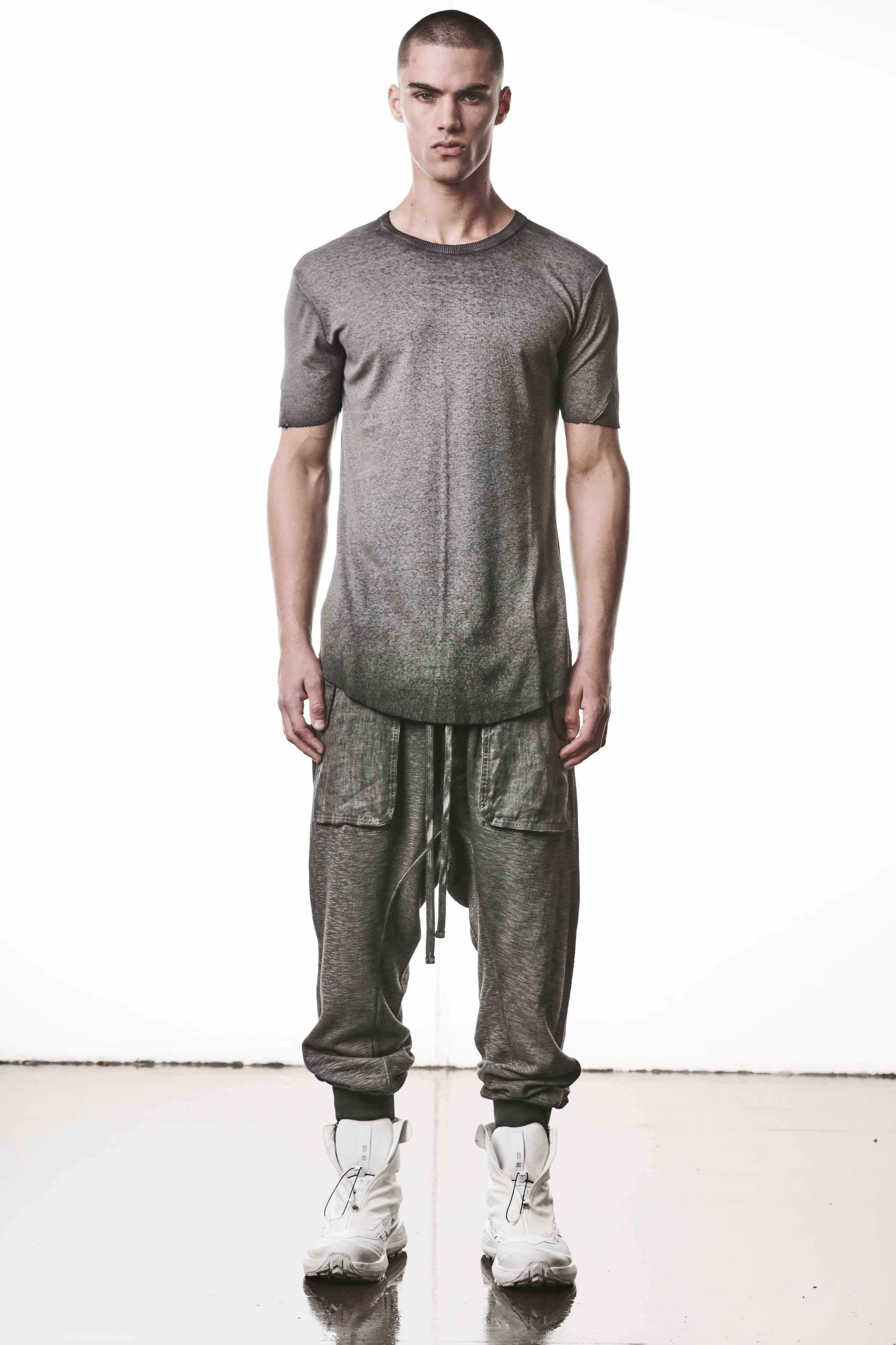 M TS 948 T-Shirt - Gray Cold Dye Worked Knit Cotton Linen Men's