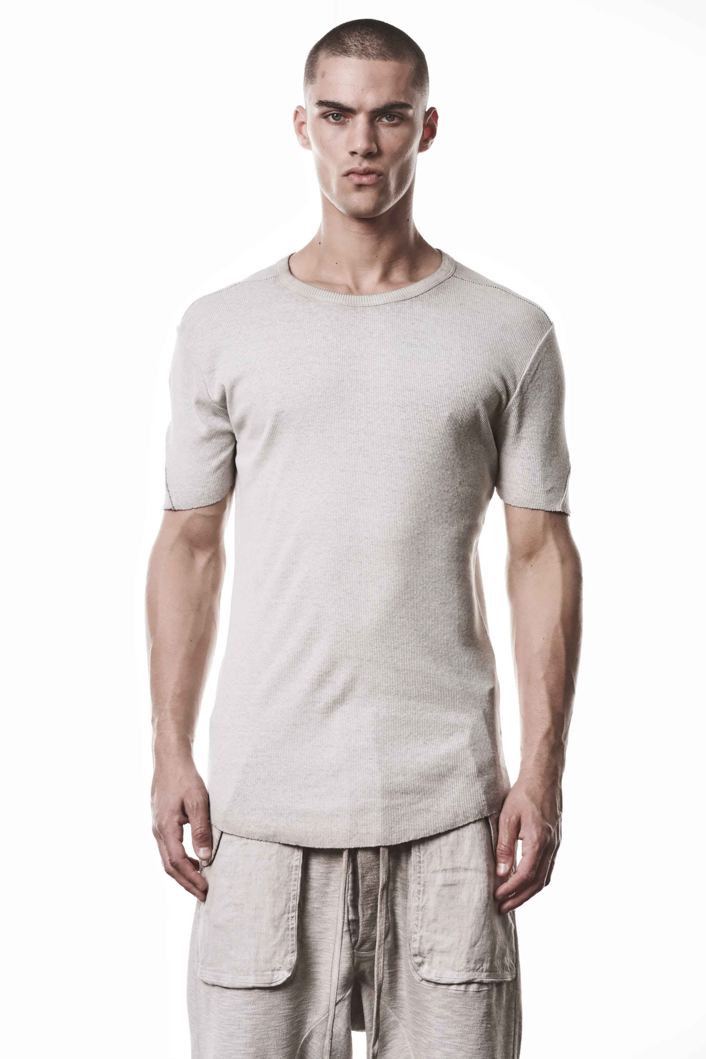 M TS 948 T-Shirt - Beige Worked Knit Cold Dye Stone Cotton Linen Men's