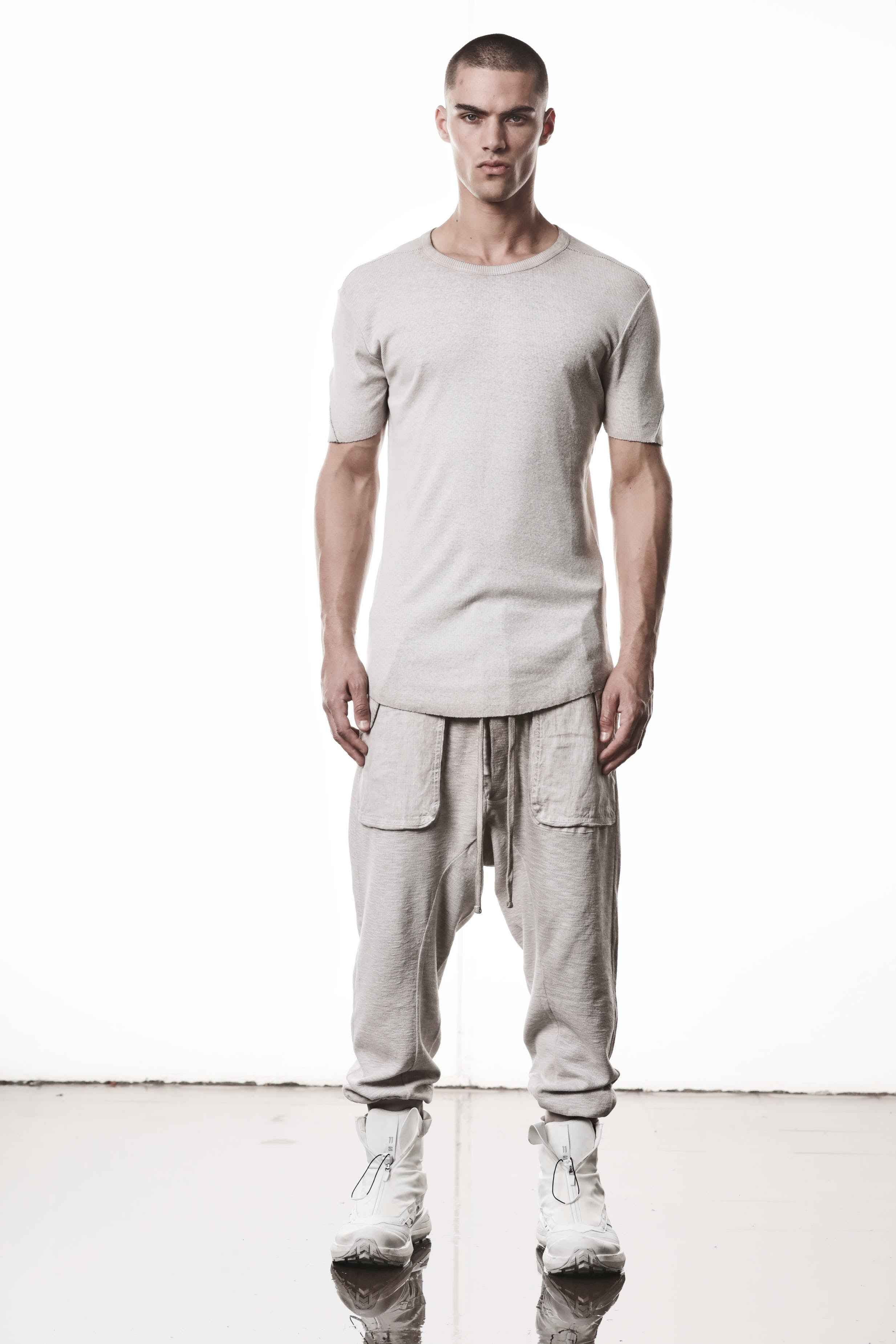 M TS 948 T-Shirt - Beige Worked Knit Cold Dye Stone Cotton Linen Men's