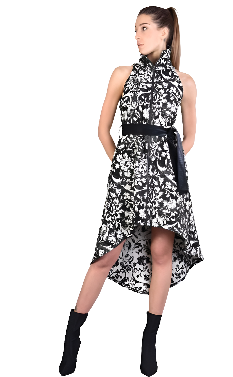 A3 4B LW54923 BLACK WHITE Floral Jacquard Asymmetric Dress LA HAINE INSIDE US