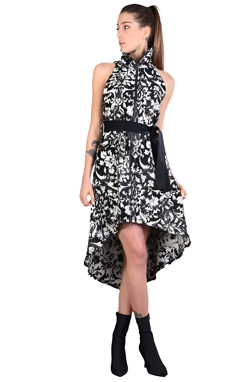 A3 4B LW54923 BLACK WHITE Floral Jacquard Asymmetric Dress LA HAINE INSIDE US