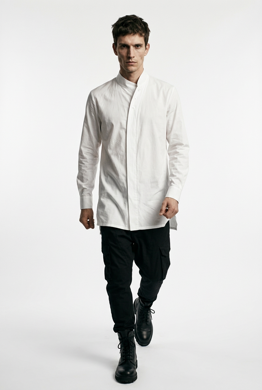 LA HAINE INSIDE US LM226 white long cotton stretch shirt — full length walking toward camera
