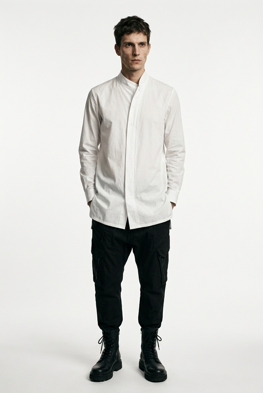 LA HAINE INSIDE US LM226 white long cotton stretch shirt — hands in pockets