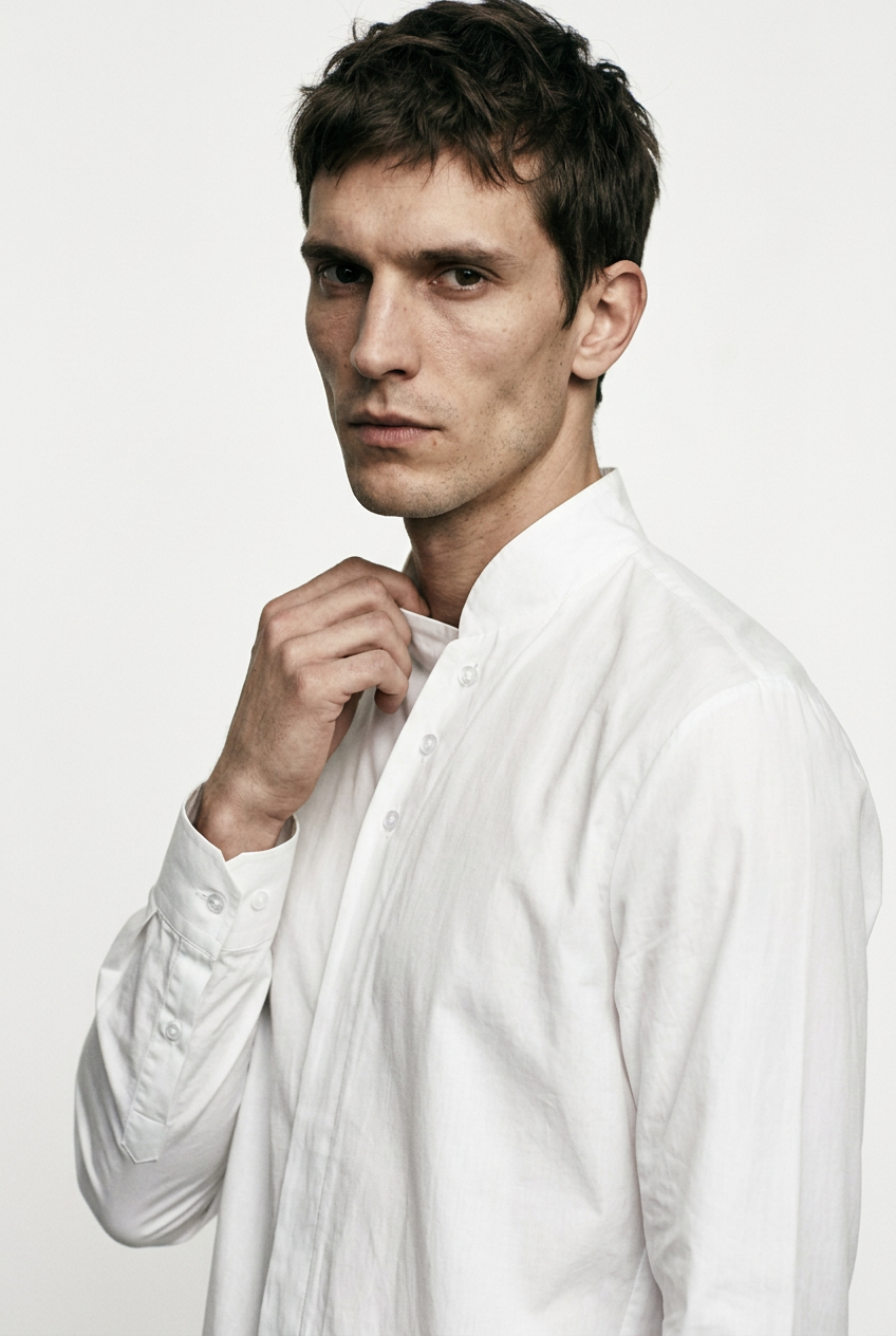 LA HAINE INSIDE US LM226 white long cotton stretch shirt — upper-body portrait glancing over shoulder