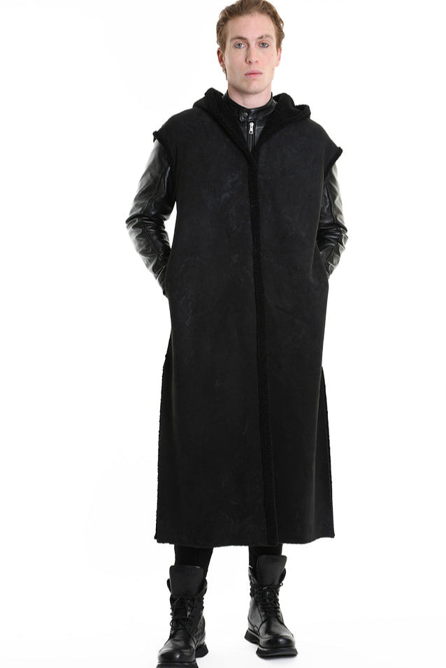 4- W5170 COAT Sleeveless Faux Sheepskin Marmorized UNISEX Black LA HAINE INSIDE US