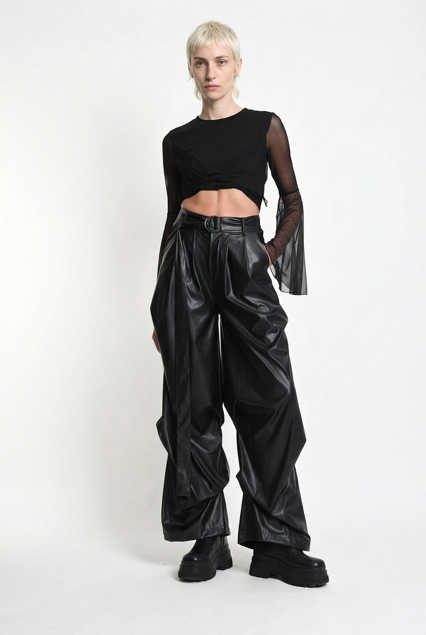LA HAINE INSIDE US W5468 faux leather trousers in black — three-quarter front editorial view