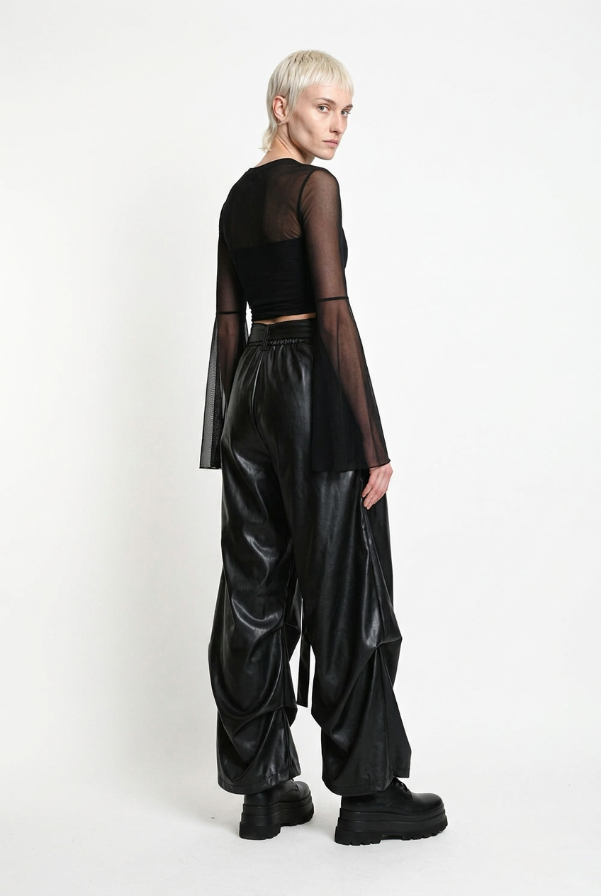 LA HAINE INSIDE US W5468 faux leather trousers in black — rear three-quarter editorial view
