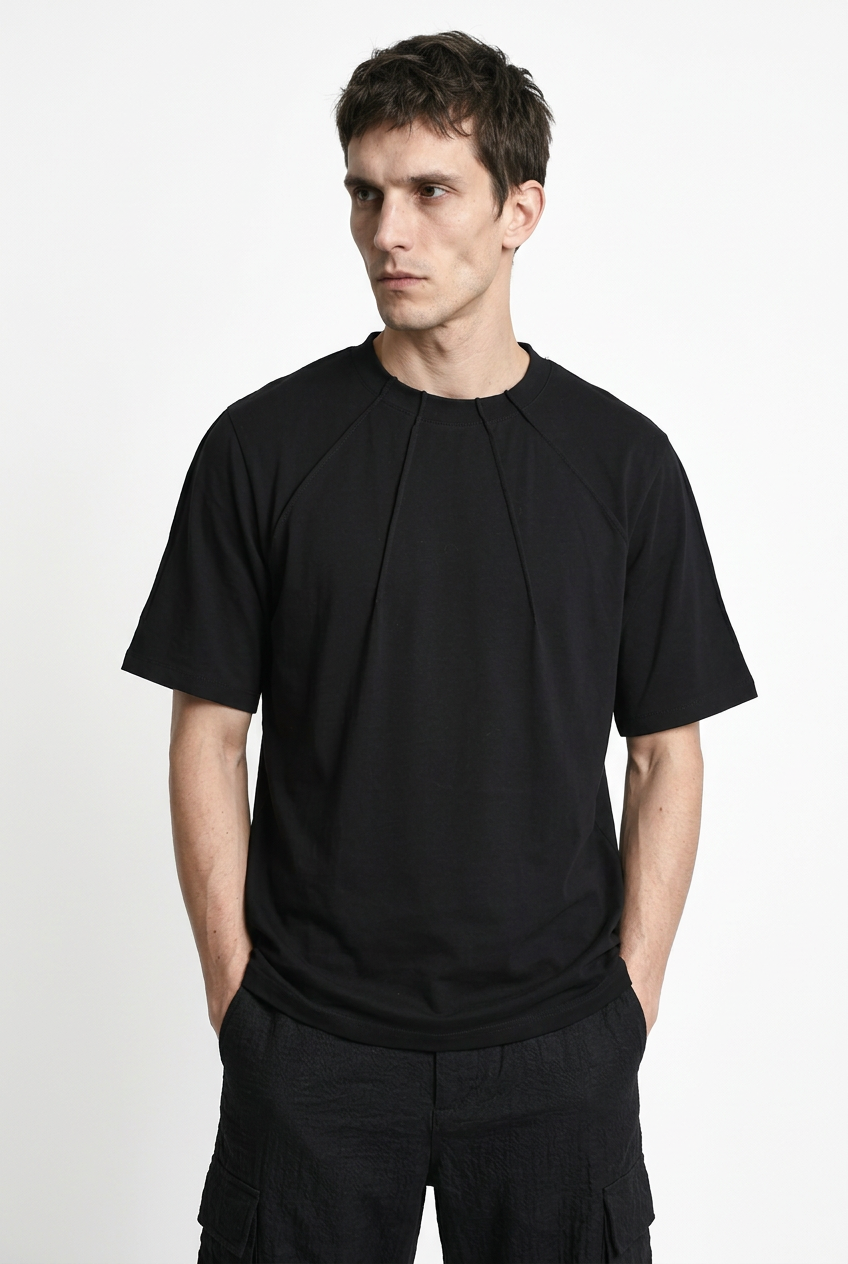 LA HAINE INSIDE US M1375 black oversized cotton stretch T-shirt, front view with hands in pockets