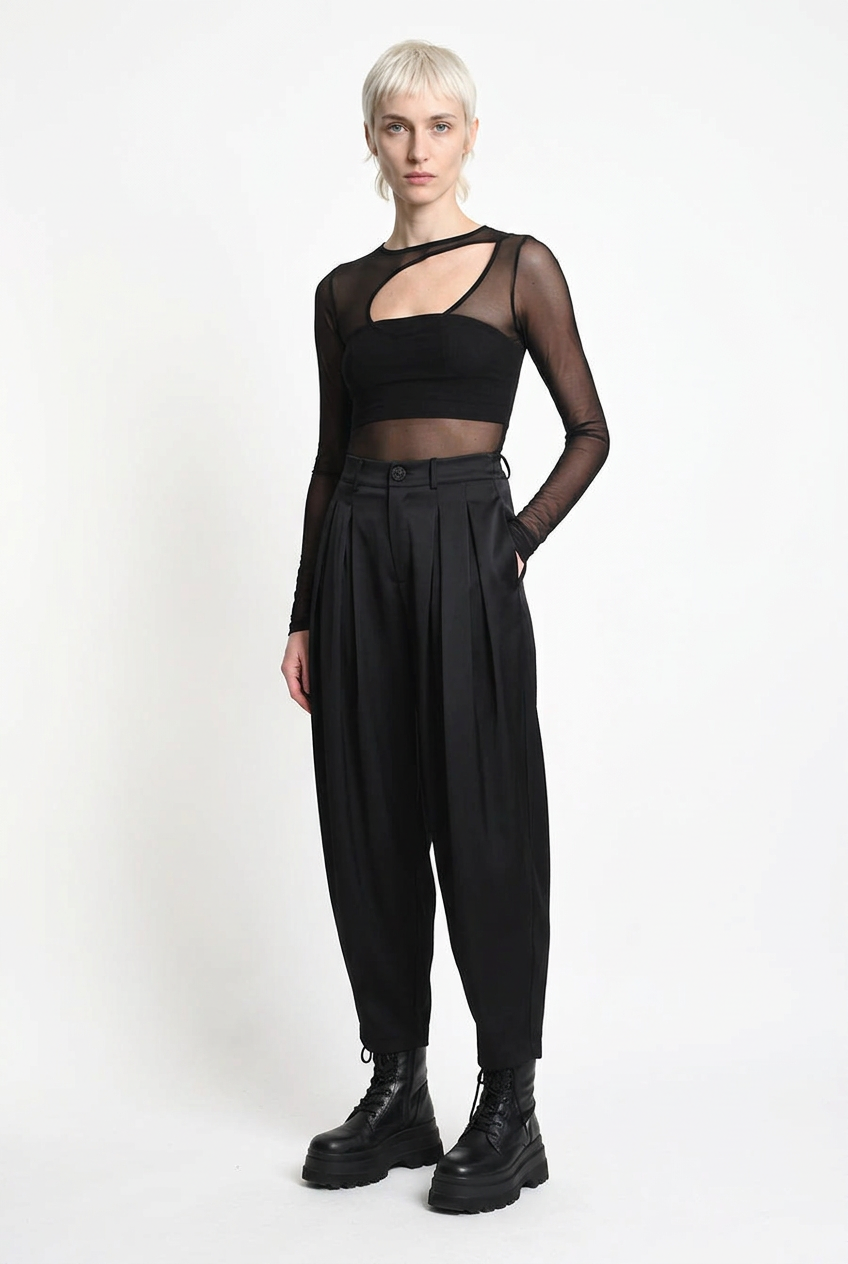 LA HAINE INSIDE US W5469 satin balloon trousers in black — three-quarter front editorial view