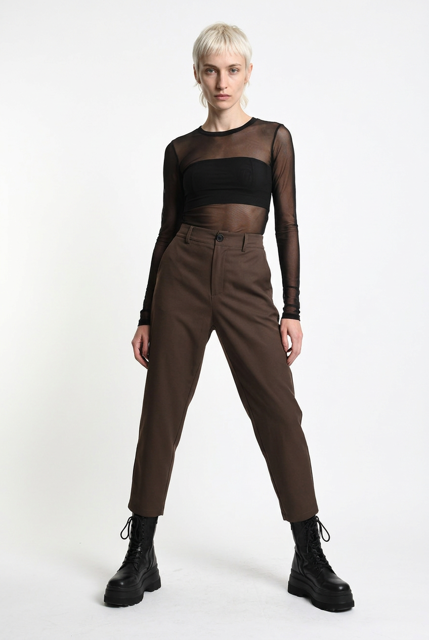 LA HAINE INSIDE US brown carrot-fit trousers, wide-stance front view