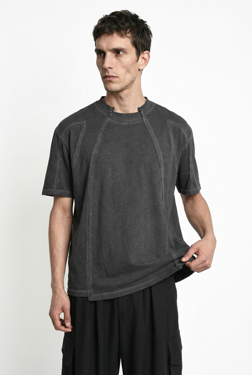 LA HAINE INSIDE US M1295 grey cold-dyed cotton T-shirt, front view holding hem to show drape