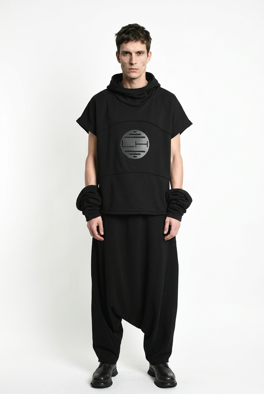 LA HAINE INSIDE US M1334 hoodie in black — front view on male model with hood down and sleeves lowered