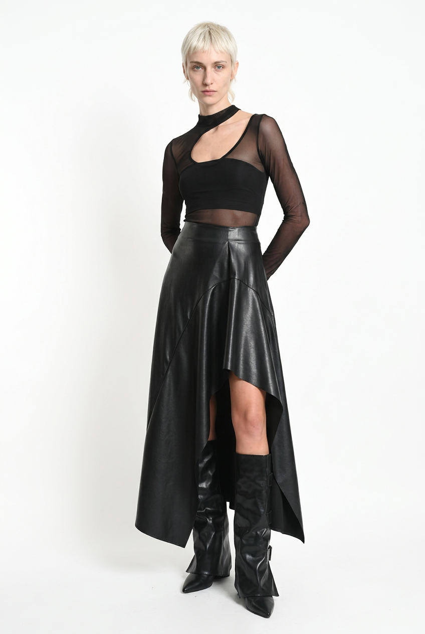 LA HAINE INSIDE US W5418 asymmetric faux leather skirt in black — three-quarter front editorial view