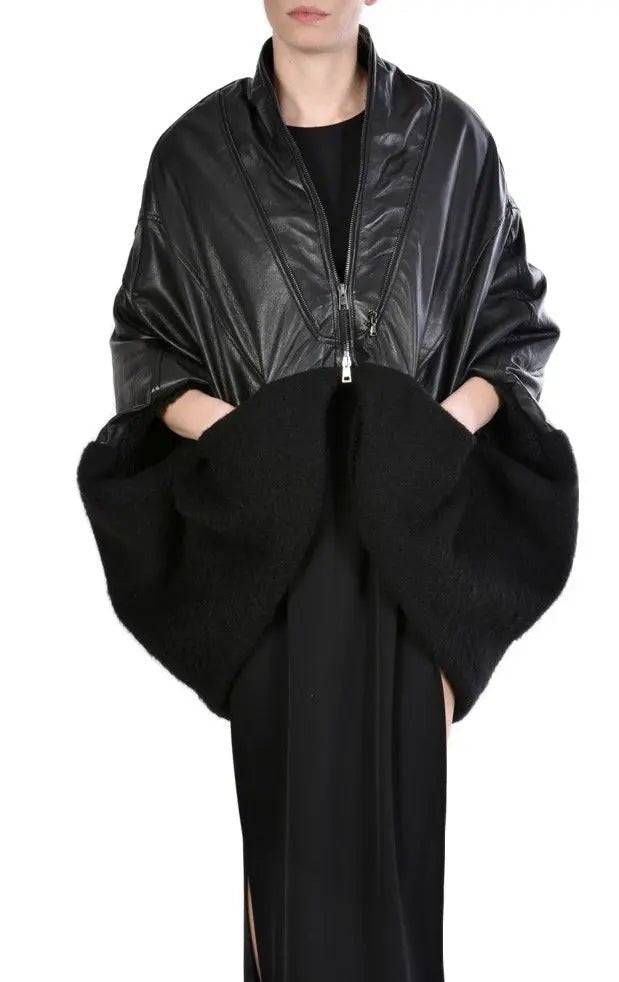 4B MISSINCAT19 BLACK Leather & boiled wool cape
