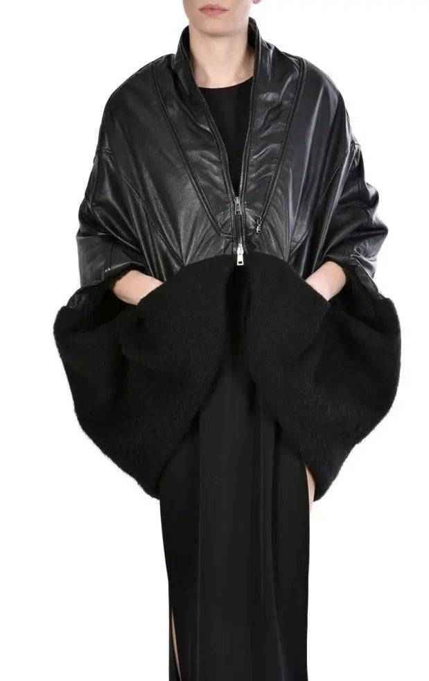4B MISSINCAT19 BLACK Leather & boiled wool cape