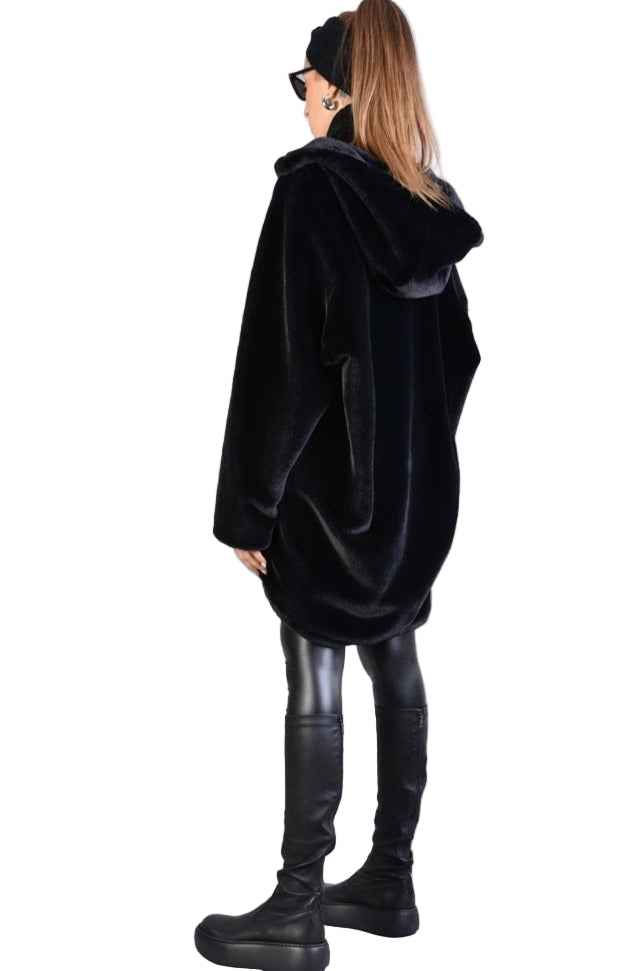 A33Q LM045 BLACKD Faux Fur Lined Oversize Coat Unisex