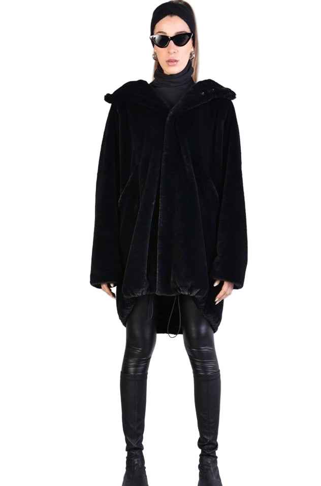 A33Q LM045 BLACKD Faux Fur Lined Oversize Coat Unisex
