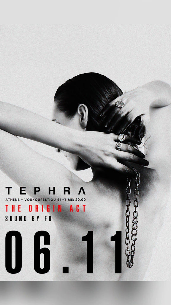 Poster of TEPHRA Athens event night 06.11 showing a monochrome image of a person in an avant-garde pose with chain details, promoting the concept-store’s fashion and art event at Voukourestiou 41.