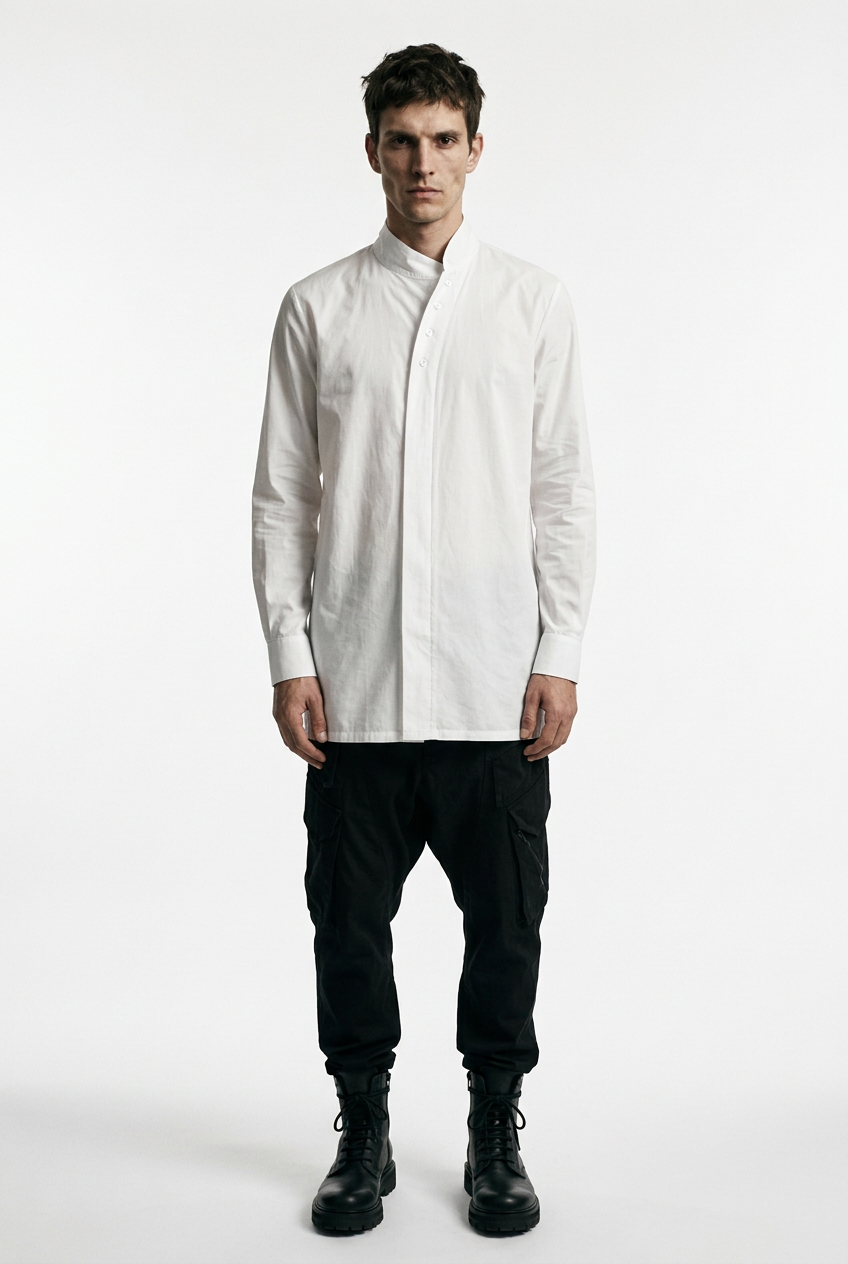 LA HAINE INSIDE US LM226 white long cotton stretch shirt — front view