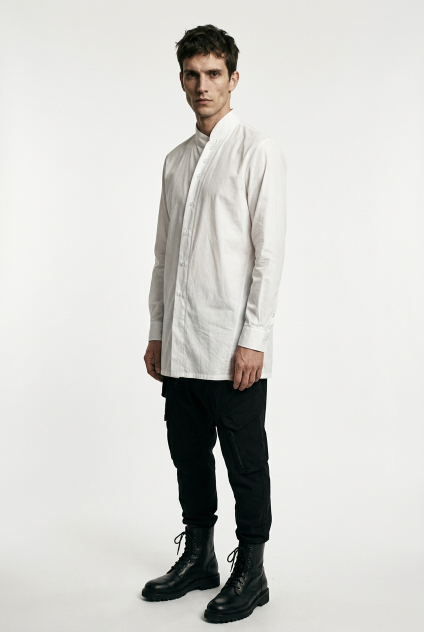 LA HAINE INSIDE US LM226 white long cotton stretch shirt — three-quarter front view